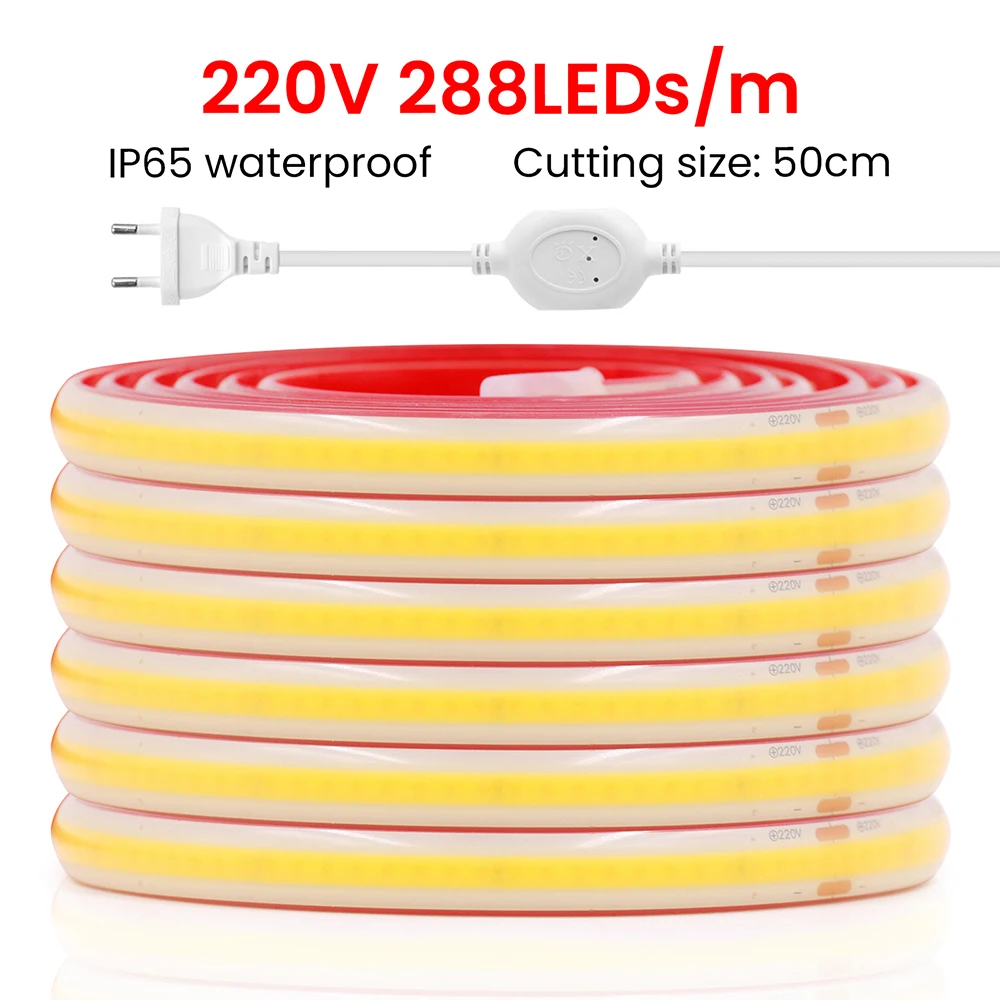 

AC 220V 230V COB LED Strip Light Switch EU UK Power Plug 3000K 4000K 6000K 288LED/M Bright Flex Tape Waterproof Linear Lighting