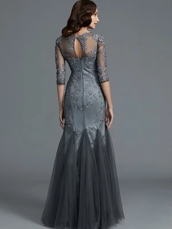 Gray Mother Of The Bride Dresses Mermaid Half Sleeves Tulle Appliques Beaded Plus Size Long Groom Mother Dresses For Wedding