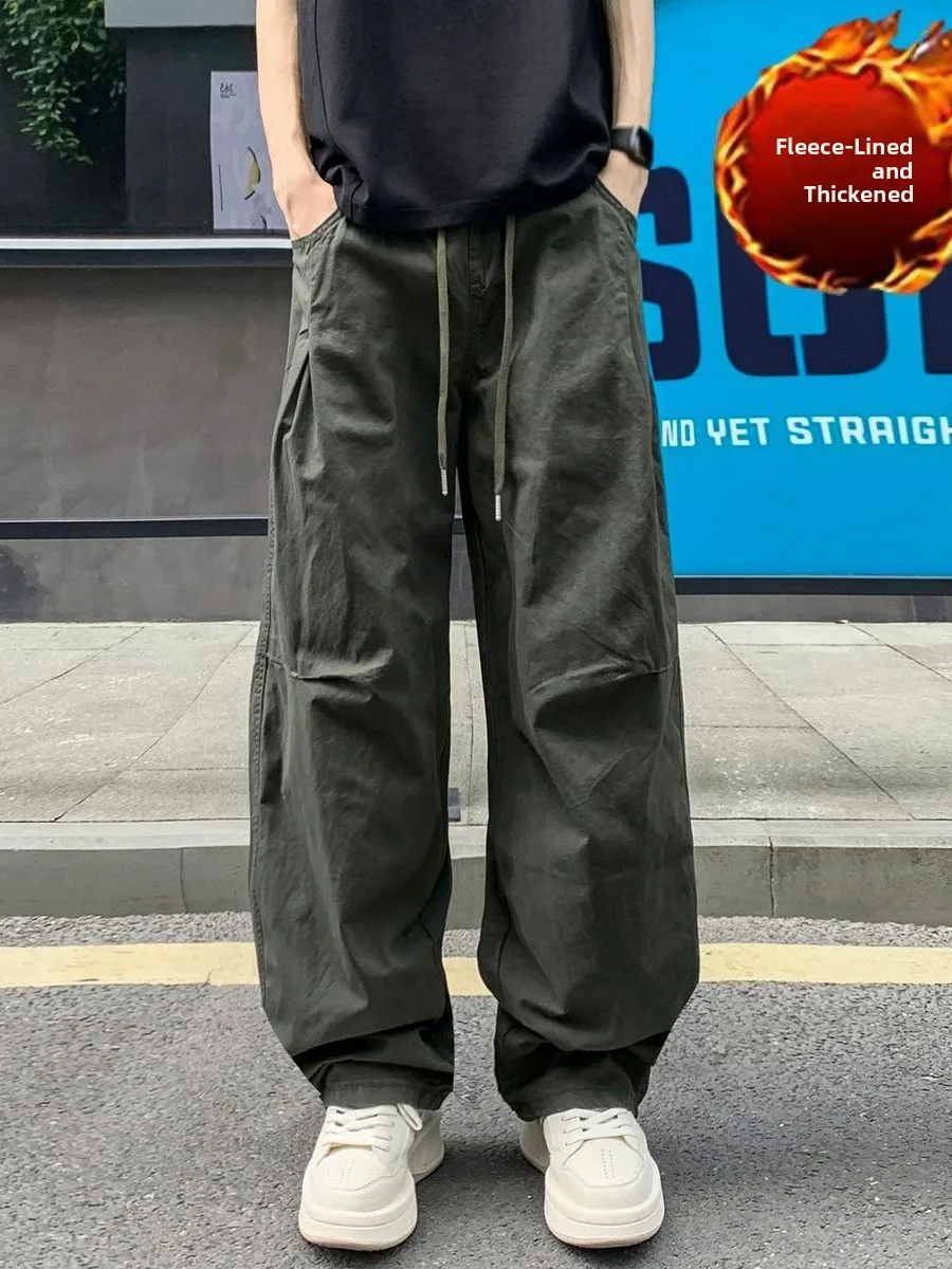 

Loose Fit Military een Workwear Sle Men's Trousers with Dstring And Multiple kets Casual Long Pants Folded Cuff