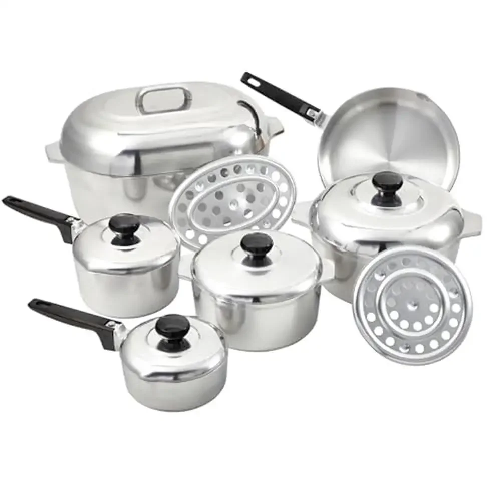 Heavy Duty Cast Aluminum Cajun Cookware Set 13-Piece Aluminum Frypan Sauce Pan Stock Pot Roaster Bakelite Handle Mirror Polished