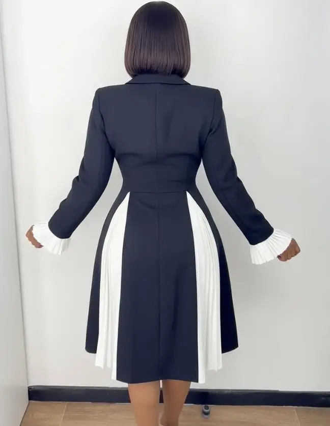 

Womens Dresses New Colorblock Pleated Spliced Notched Collar Double Breasted Blazer Dress Elegant Cinched Waist Commuting Dress
