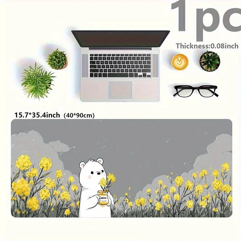 Cute Polar Bear Honey Blooming Flowers Extended Gaming Mouse Pad Durable Rubber Desk Mat Office Accessory