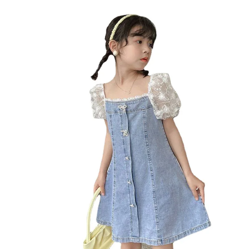 Girls' Summer 2024 Girl's Stylish Lace Bubble Short Sleeved Princess Denim Skirt Kids Clothes Flower Girl Dresses for Weddings