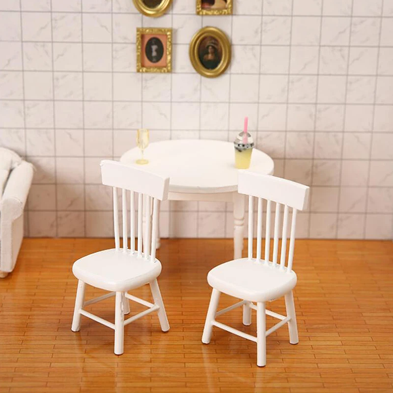 Cadeiras De Mesa De Jantar De Madeira Branca, Dollhouse Móveis Em Miniatura, Brinquedos Modelo, 1:12