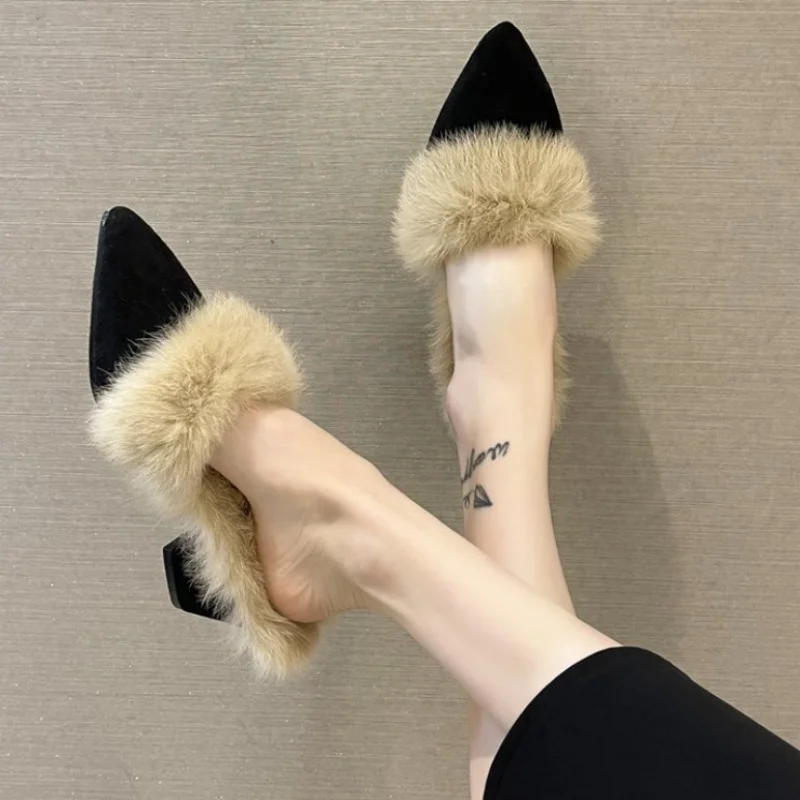 Women luxury brand slippers 2024 winter Heels Beach Ladies Slides Fashion Dress Women Flip Flop Claquette Femme Pantuflas Mujer