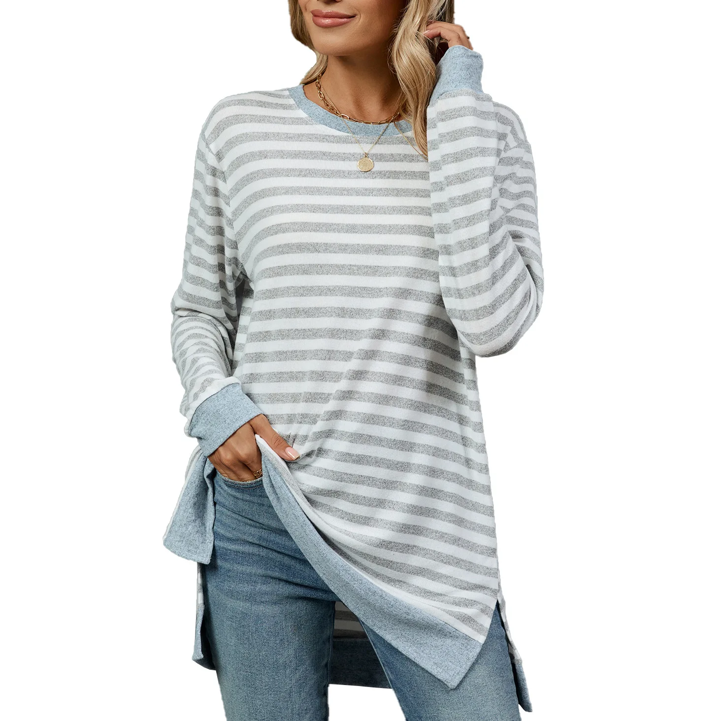 2025 Spring Autumn Women's Stripes T-shirt Loose Fashion Headband Contrasting O-Neck Long Sleeve Top for Female