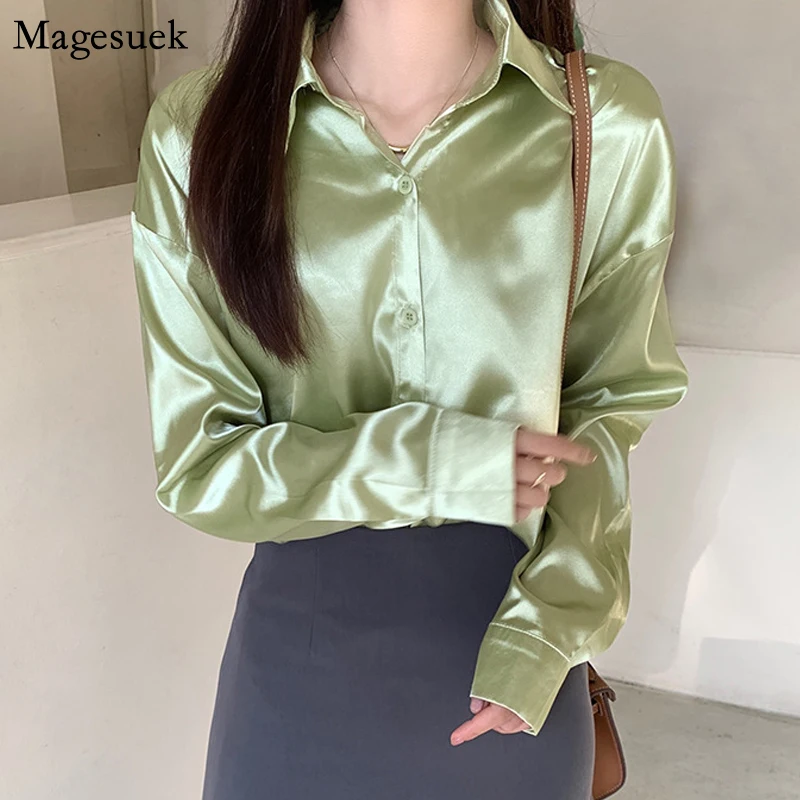 Vintage Loose Satin Blouse Women Long Sleeve Green Silk Shirt Women Fashion 2022 Casual Office Lady Oversized Blouses Tops 21494