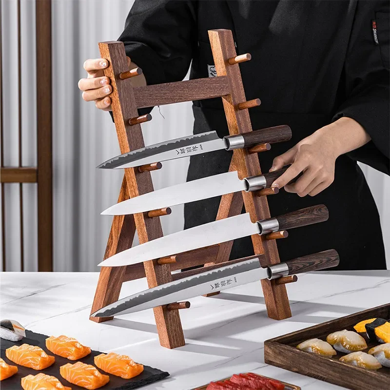 

Japanese style sushi sashimi display knife holder, commercial kitchen knife storage rack, solid wood multi-layer