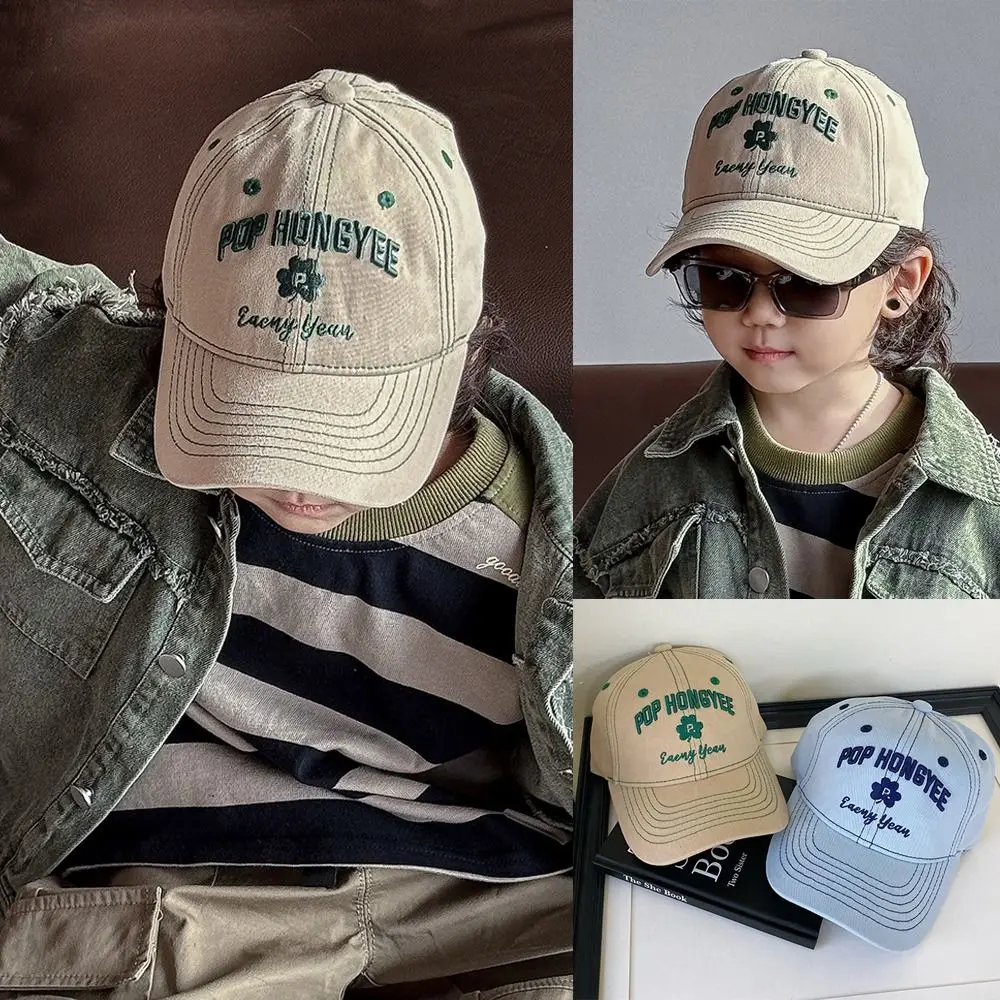 

Korean Embroidered Letter Flower Kids Baseball Caps Solid Color Adjustable Sunshade Visor Hat Duck Tongue Hats Boys Girls