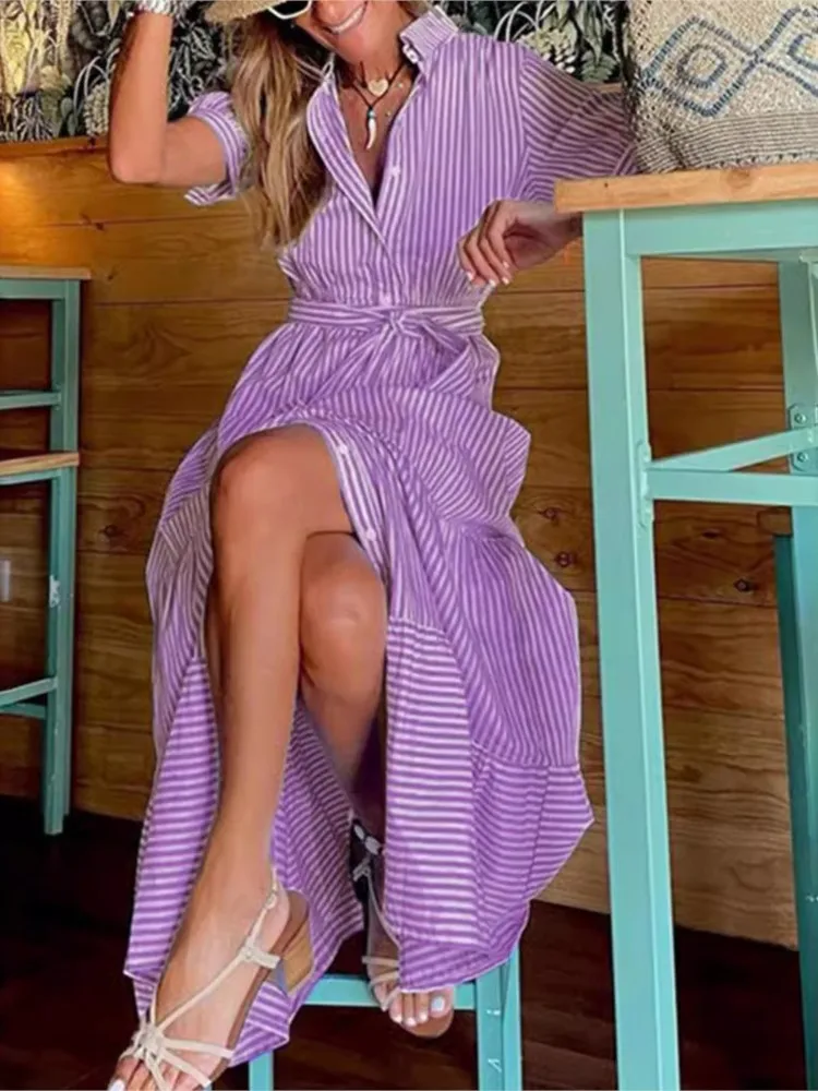 2024 Autumn Women\'s New Fashion Stripe Printed Short Sleeve Loose Waist Strap Long Collar Ankle Single Breasted Dress
