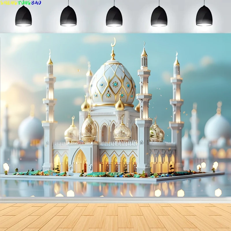 

Ramadan Eid Kareem Mubarak Islamic New Year Moon Lanterns Background Arabic Palace Candles Mosque Photography Backdrops EI-04