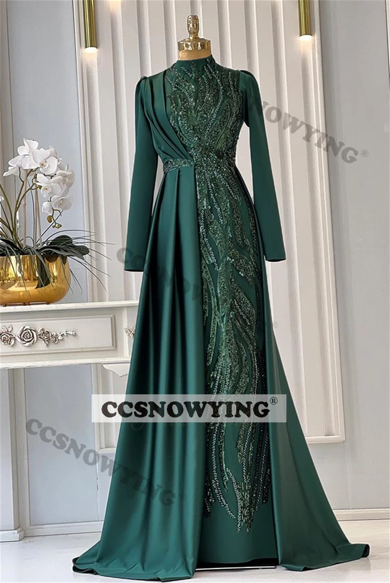 Satin Appliques Beaded Muslim Hijab Evening Dresses Islamic Long Sleeve Formal Party Gown Women Arabic Kafan Robe De Soiree