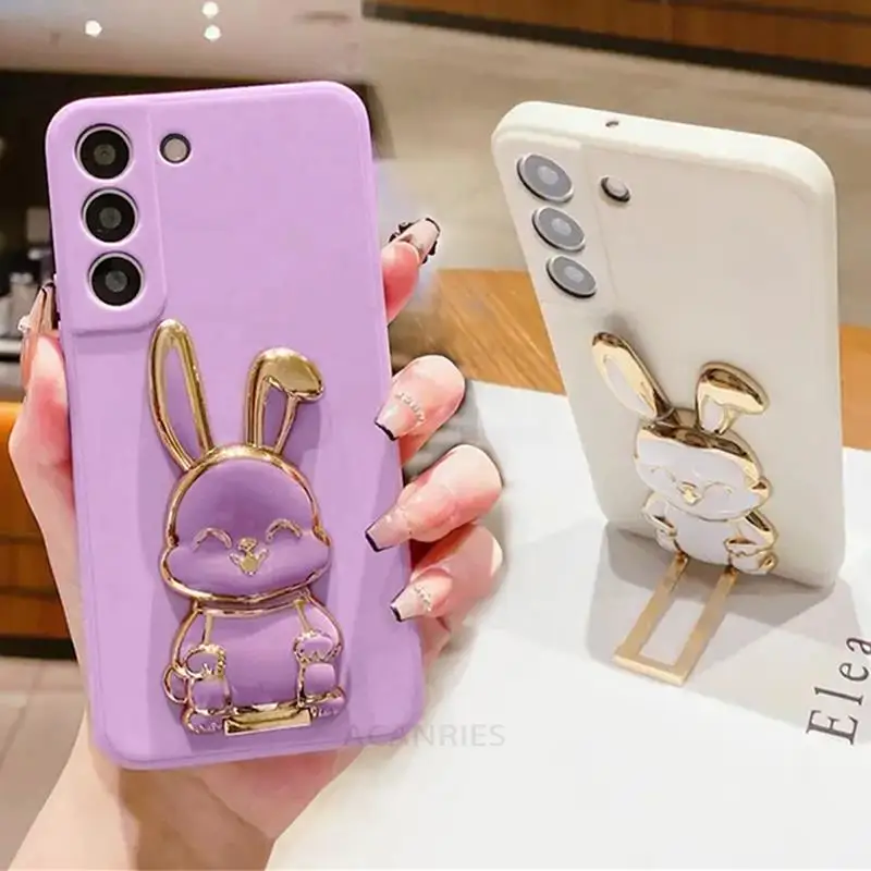 S 21 22 23 Rabbit Holder Liquid Silicone Case For Samsung Galaxy S21 S20 S23 Fe S24 S22 Plus Ultra Stand Soft Cover S21fe S23fe