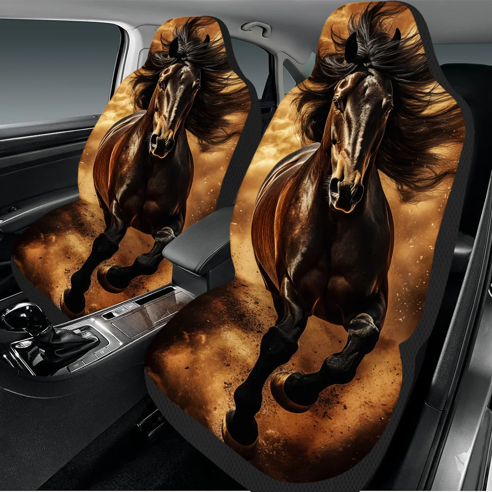 2pcs Majestic Galloping Stallion Car Seat Covers Set - Universal Fit, High-Quality Front Seat Protectors With Durable Polyester