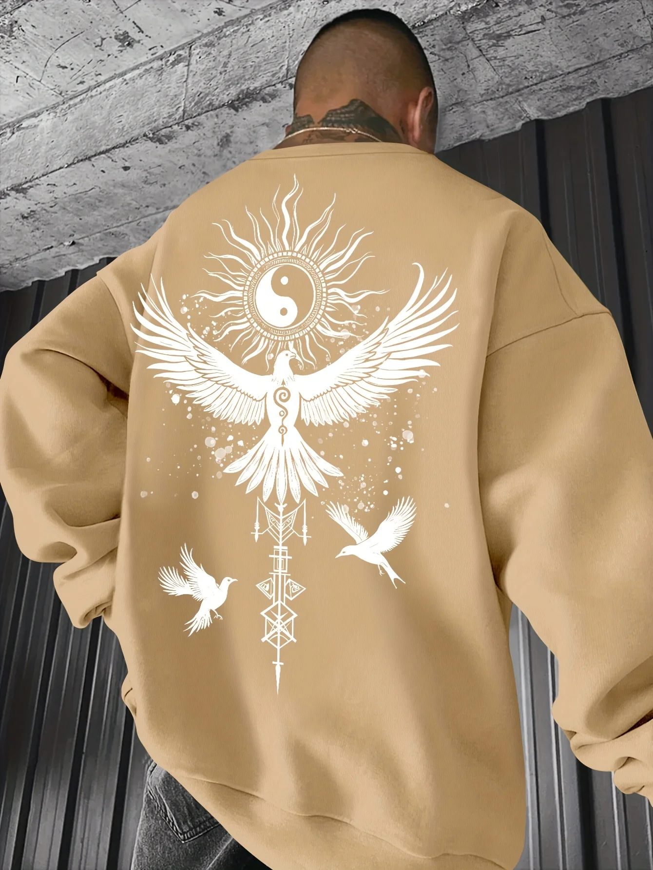 Milk Silk Crew Neck Sweatshirt Tai Chi White Pigeon Art Print Men Loose Pullover Daily Trendy Street Casual Fashion Sweatshirt