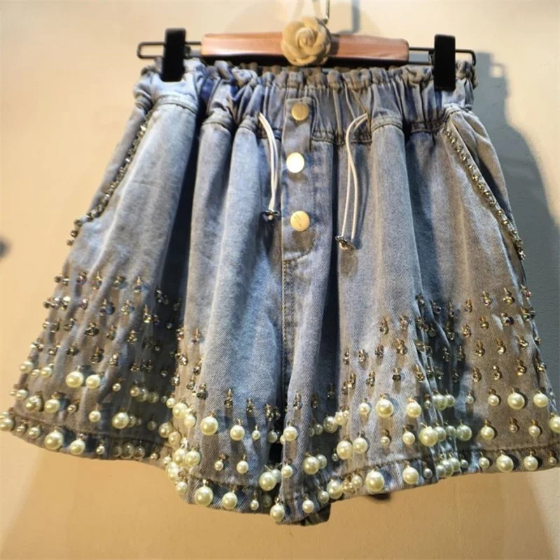 

Summer new fashion shorts diamond beaded high waist slim wide leg denim shorts women's pants