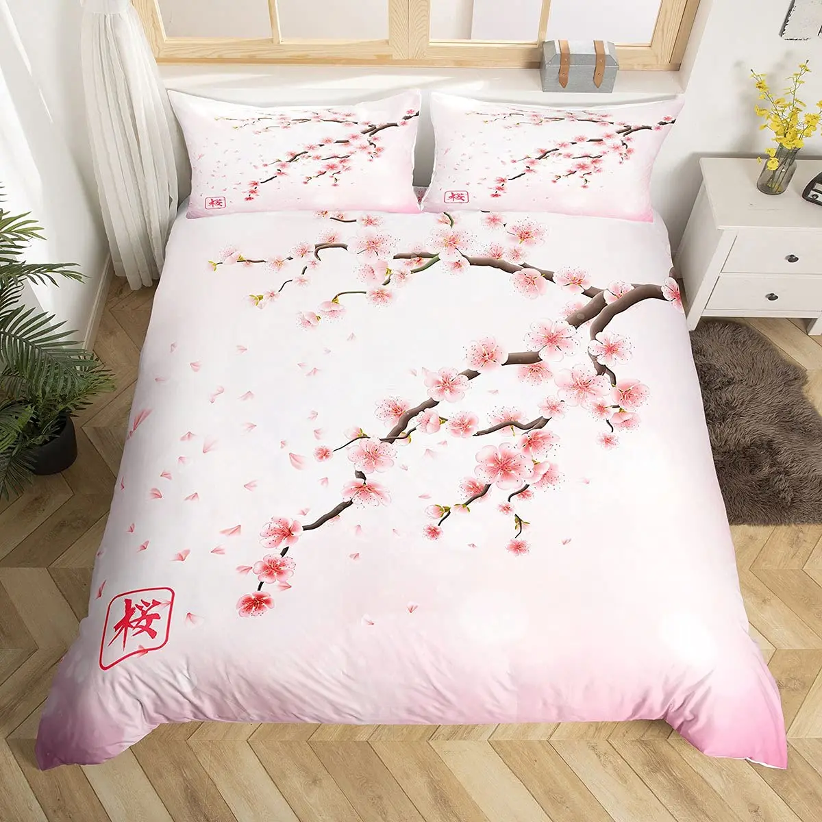 Cherry Blossom Duvet Cover Set Japanese Style Romantic Theme Comforter Cover Set Botanical Floral Bedding Set for Teens Women