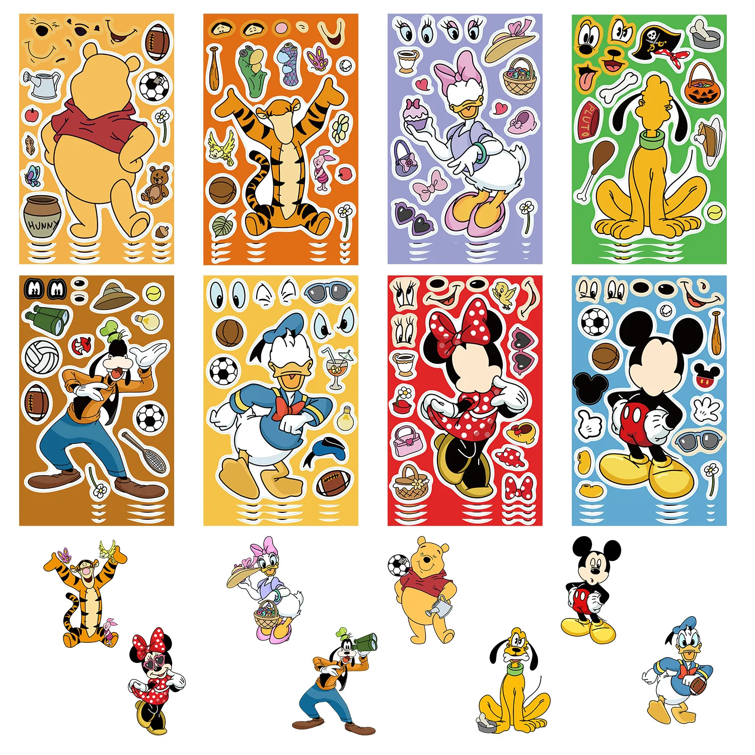 Pegatinas de dibujos animados de Disney para niños, 8 piezas, Mickey, Minnie, Kawaii, Pato Donald, juguetes de ensamblar, juego divertido, regalo de