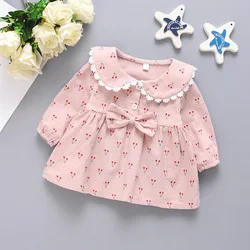 Girls' Autumn Long Sleeve Bottom Shirt Children's Little Cherry Print Lace Lace Doll Neck Clothes Girls' Bow Top