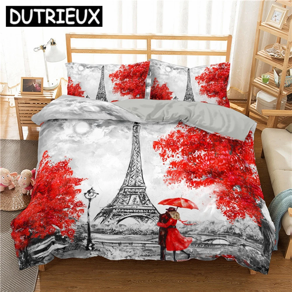 Paris Eiffel Tower 3D Duvet Cover Bedding Set Comforter Linen Pillowcases Home Decor Single Double Twin King Queen