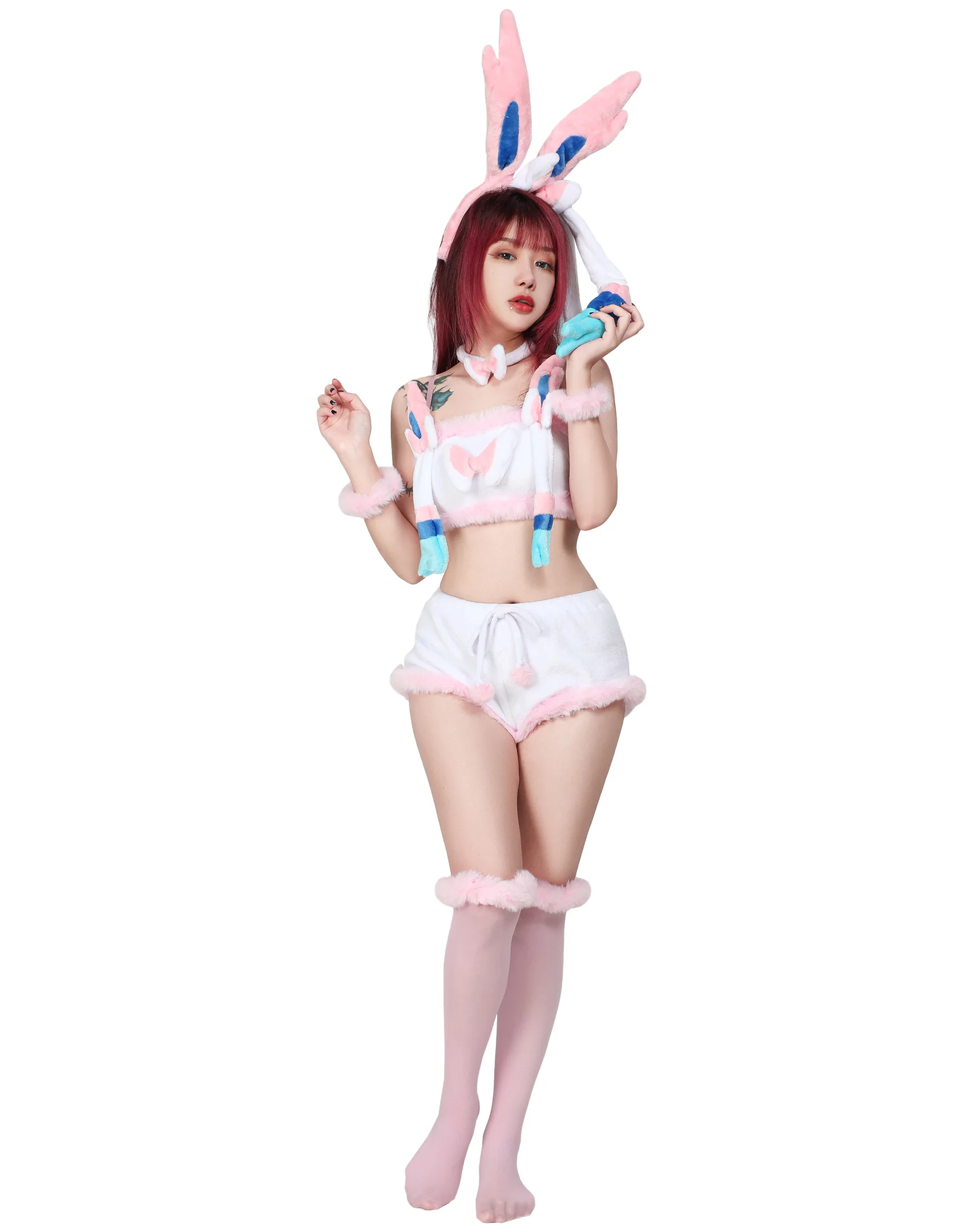 Mobbunny PM Cosplay WomenKawaii Lingerie Set Plush Homewear Pink Crop Top and Shorts with Headband and Socks