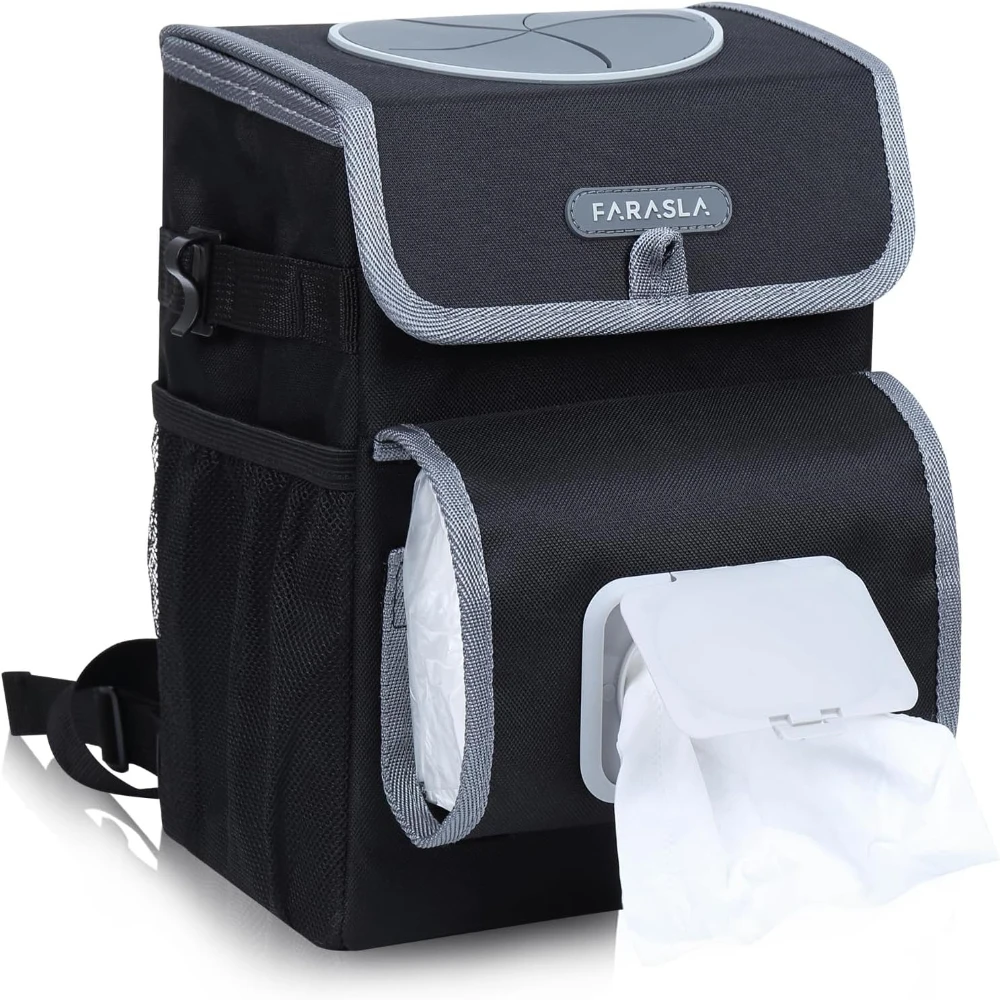 1-Pack Black All-in-One Car Trash Can, Leakproof Liner & Tissue Holder, Secure Strap, Tidy Car Interior, Ideal for Gifting