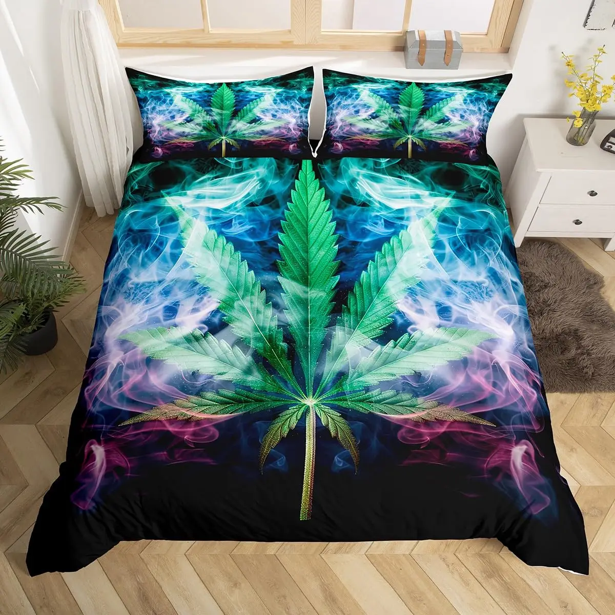 Marijuana Leaf Duvet Covers for Men Adults Queen Lightweight Quilt Covers Room Decor Psychedelic Colorful Botanical Bedding Sets