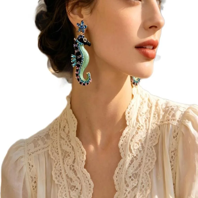 Personality Temperament Diamond Dripping Oil Seahorse Earrings Retro Animal Stud Earrings Cute Women's Earrings Jewelry