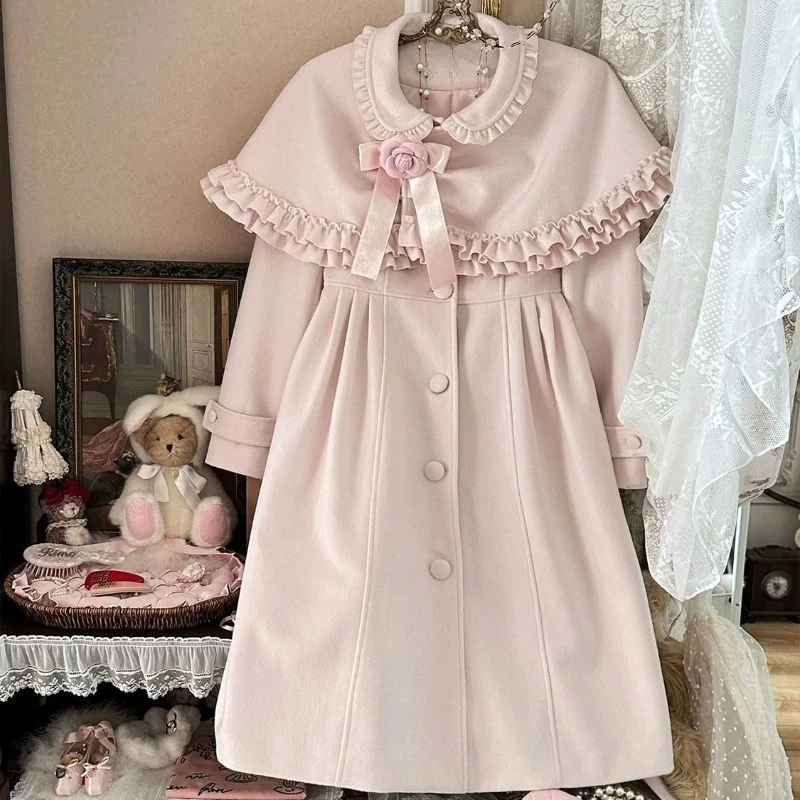 2026 Autumn Winter Retro Lolita 2-piece Set Elegant Removable Shawl Bow A-shaped Long Coat Girly Style Cute Princess Woolen Coat