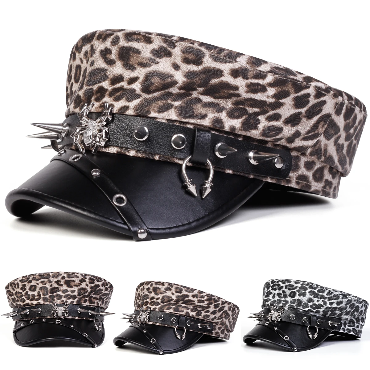 Unisex Spider Rivet Leopard Print Flat Top Hat Flat Top Baseball Caps For Women Outdoor Sports Military Hats Cadet Sunscreen Hat