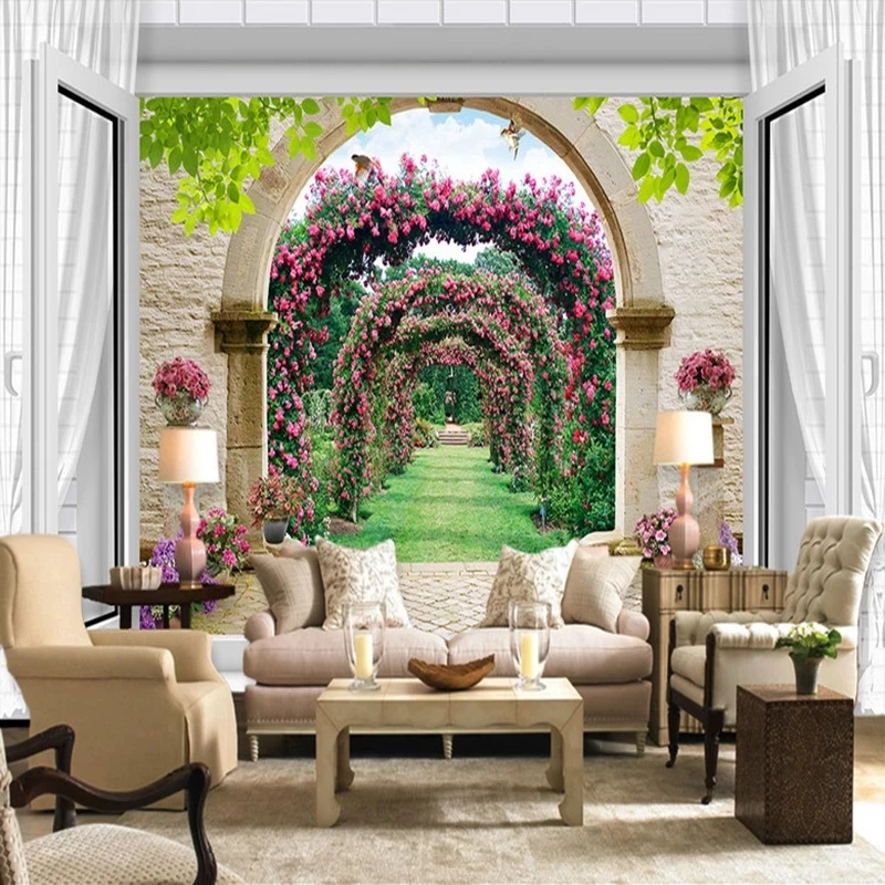 Customized European 3D Window Spatial Extension Arches Flower Vine Mural Wallpaper Living room TV background bedroom restaurant