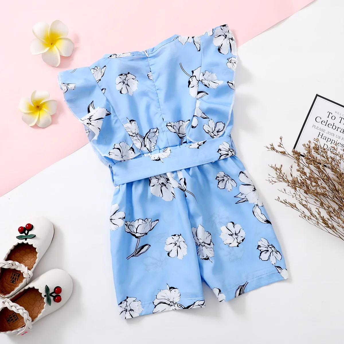 Child Girl Jumpsuit Flutter Sleeve Solid Color flower with Belt Clothes Summer Holiday fashion Party Wear for Kid Girl 1-6 Years