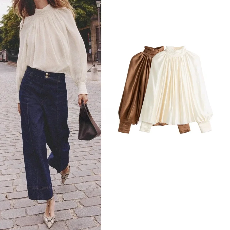 Dames Franse Sle Loose Fit irt Long Sve Lantern Sve Opstaande Kraag Insert oulder Herfst Nieuw Ontwerp Ademend Pol...