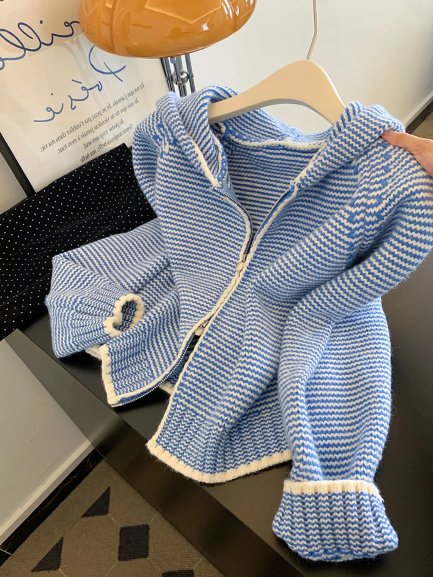 Thiened Cappello lavorato a maglia di lana Cappotto Cardigan invernale da donna Faion Design a righe calde Pendolarismo Sle Regular Sve Cerniera lunga