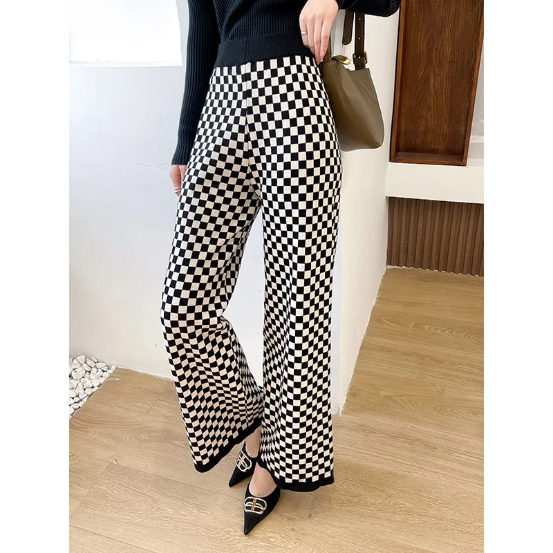 

Fashion Checkerboard High Waist Knitted Pants Women's 2024 Spring Autumn New Dipped Slim Wide Leg Pants Loose Casual Pant