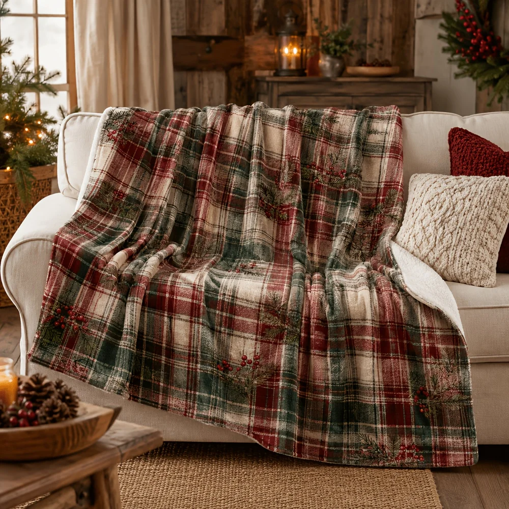 Christmas Plaid Flannel Blanket Tartan Check Pine Branch Berry Vintage Holiday Throw Blanket for Sofa Bed Couch Bedroom Living Room Winter Home Decor Farmhouse Decoration Seasonal Gift Cozy Nap Blanket Office Travel Rustic Cabin Bedding Room Accent