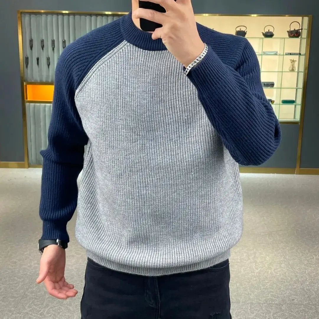 Maglione pullover a blocchi di colore caldo alla moda autunno e inverno, maglione base da uomo europeo e americano ampio e casual