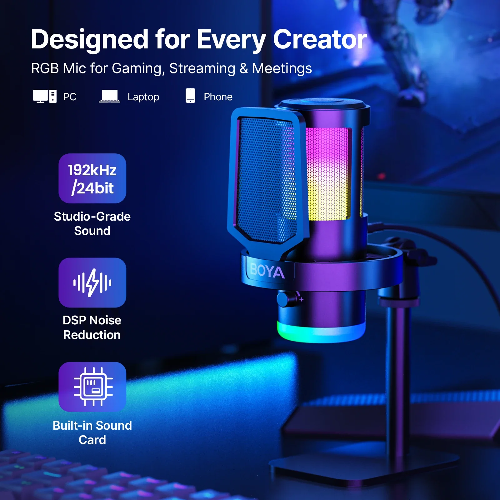 BOYA CastMic G30 USB RGB Gaming Microphone Noise Cancellation Desktop Microphone with Arm, for Live Streaming for PC and Phone