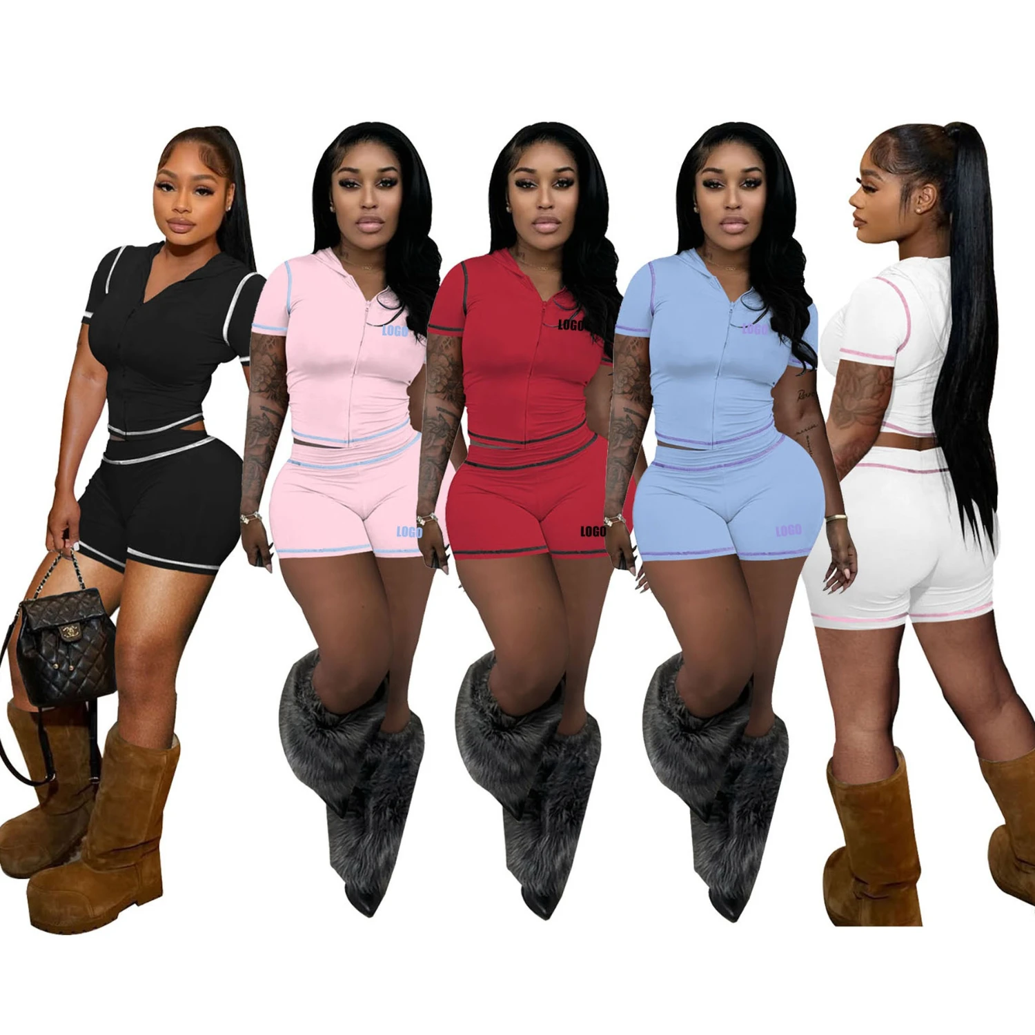 

Customized LOGO Women's Zipper Hooded Cardigan High Elasticity Sports Casual Short Sleeve Shorts Spice Girls Two-piece Set