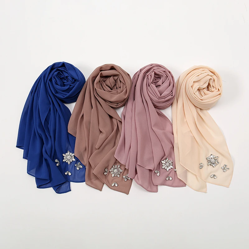 Wholesale Rhinestone Muslim Woman Hijabs Bubble Chiffon Islam Shawls and Wraps Solid Color Headscarf Hijab Plain Musulman Scarfs