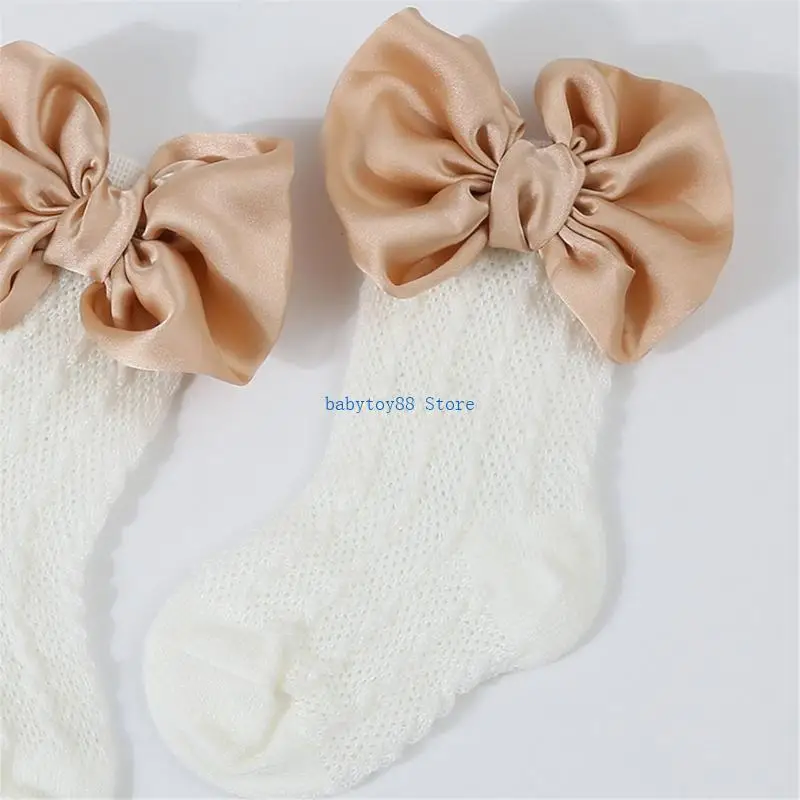 Y4UD 2024 Baby Hollowed Jacquard Knitted Socks Solid Color Big Bowknot Socks or Lovely Girls Headband Fashionable Hairband