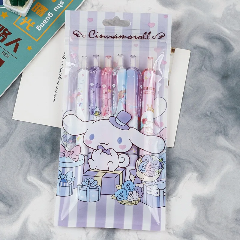 Sanrio 6 peças série 0.55mm hello kitty kuromi gel caneta st chip velocidade secagem exame caneta recarga preta y2k material de papelaria escolar
