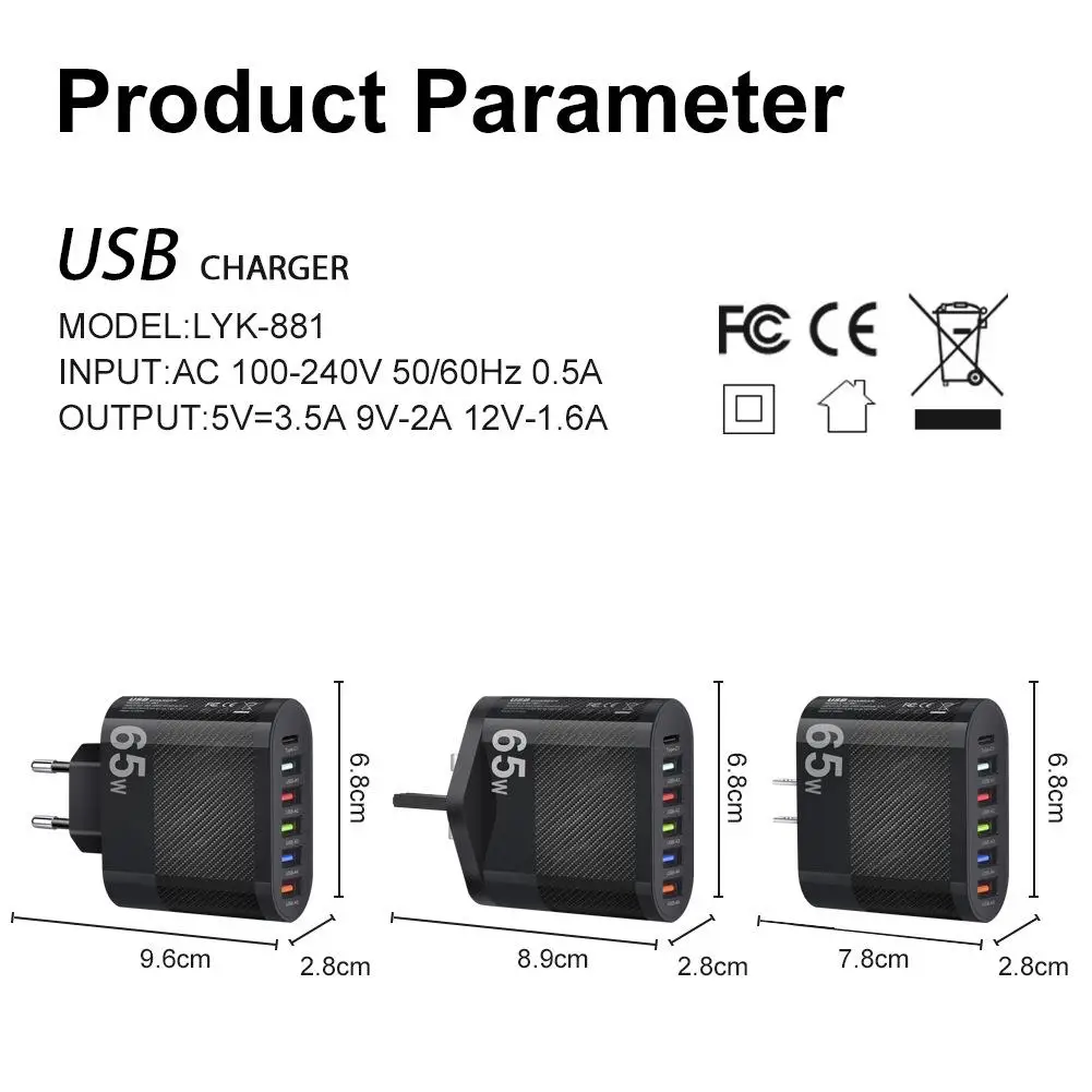 6 Ports USB Adapter for Most Smartphones and Other Digital Products US/EU/EU Adapter Plugs Charger