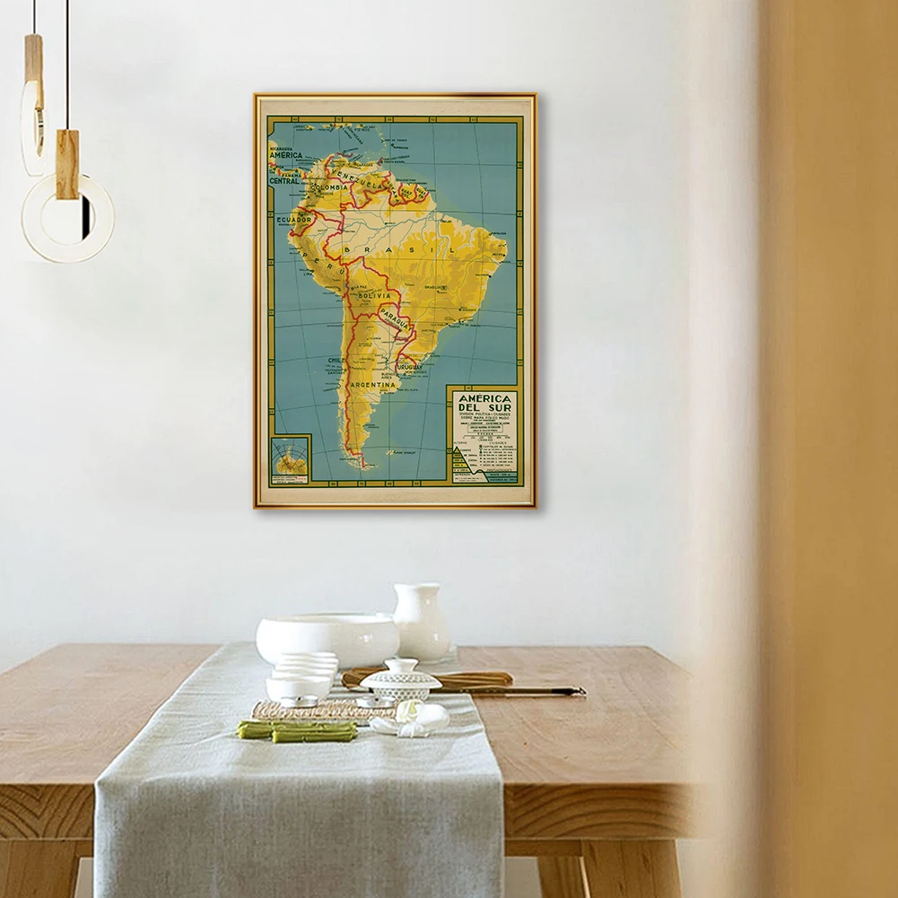 42*59cm o vintage mapa da américa do sul em espanhol parede arte poster pintura em tela material escolar sala de estar decoração casa