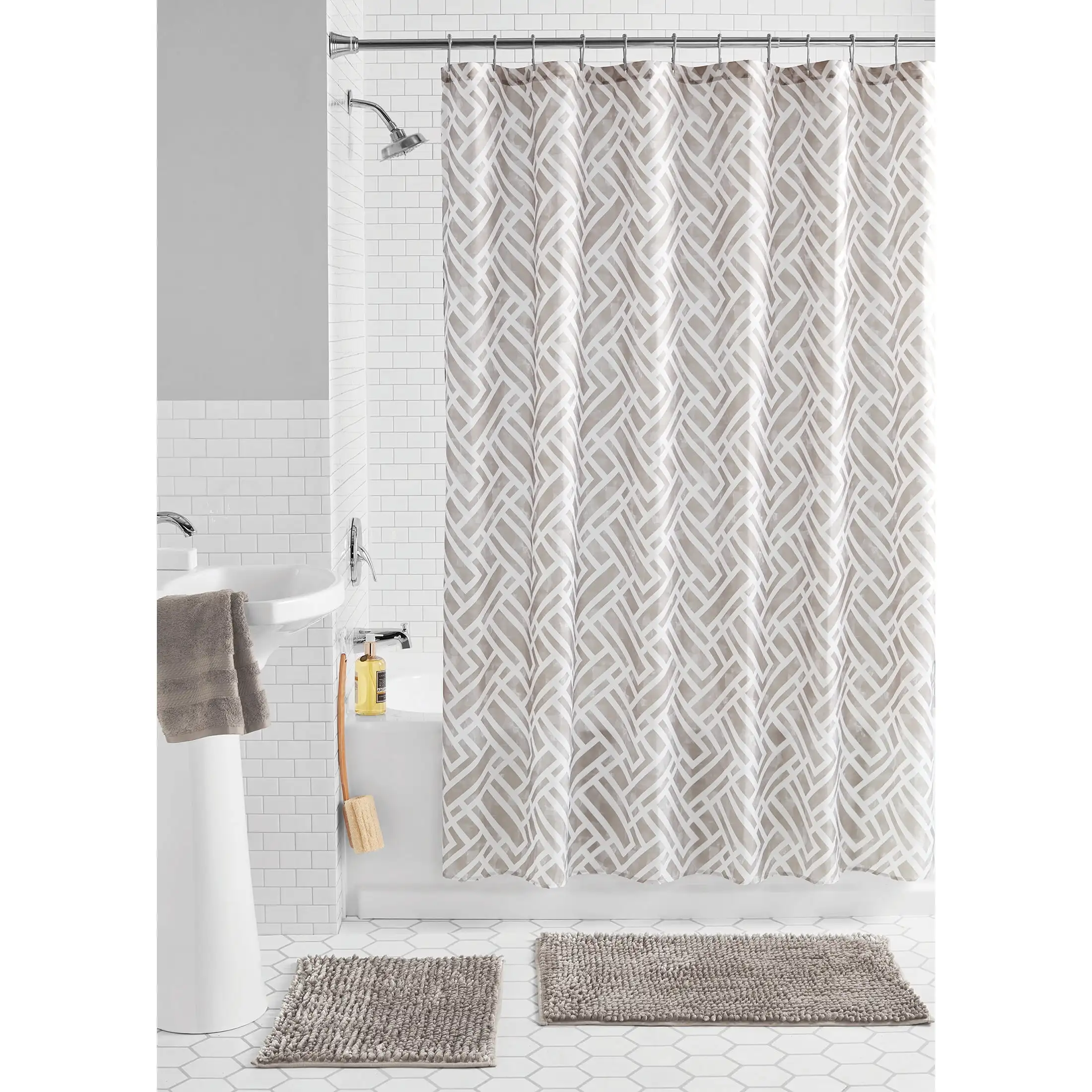 

Mainstays 15-Piece Geometric Polyester Shower Curtain Set, Beige