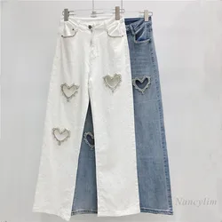 Love Rhinestone Jeans for Women 2024 Spring and Autumn New Wide Leg Straight Mop Trousers Street White Denim Pants