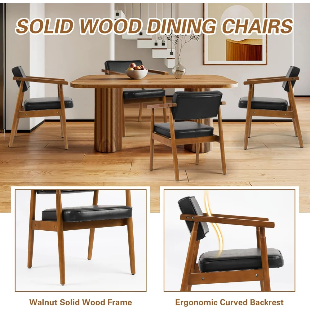 Mid Century Dining Chairs with Wooden Handrail, Black Fabric Upholstered Faux Leather Armchair Comfy Backrest