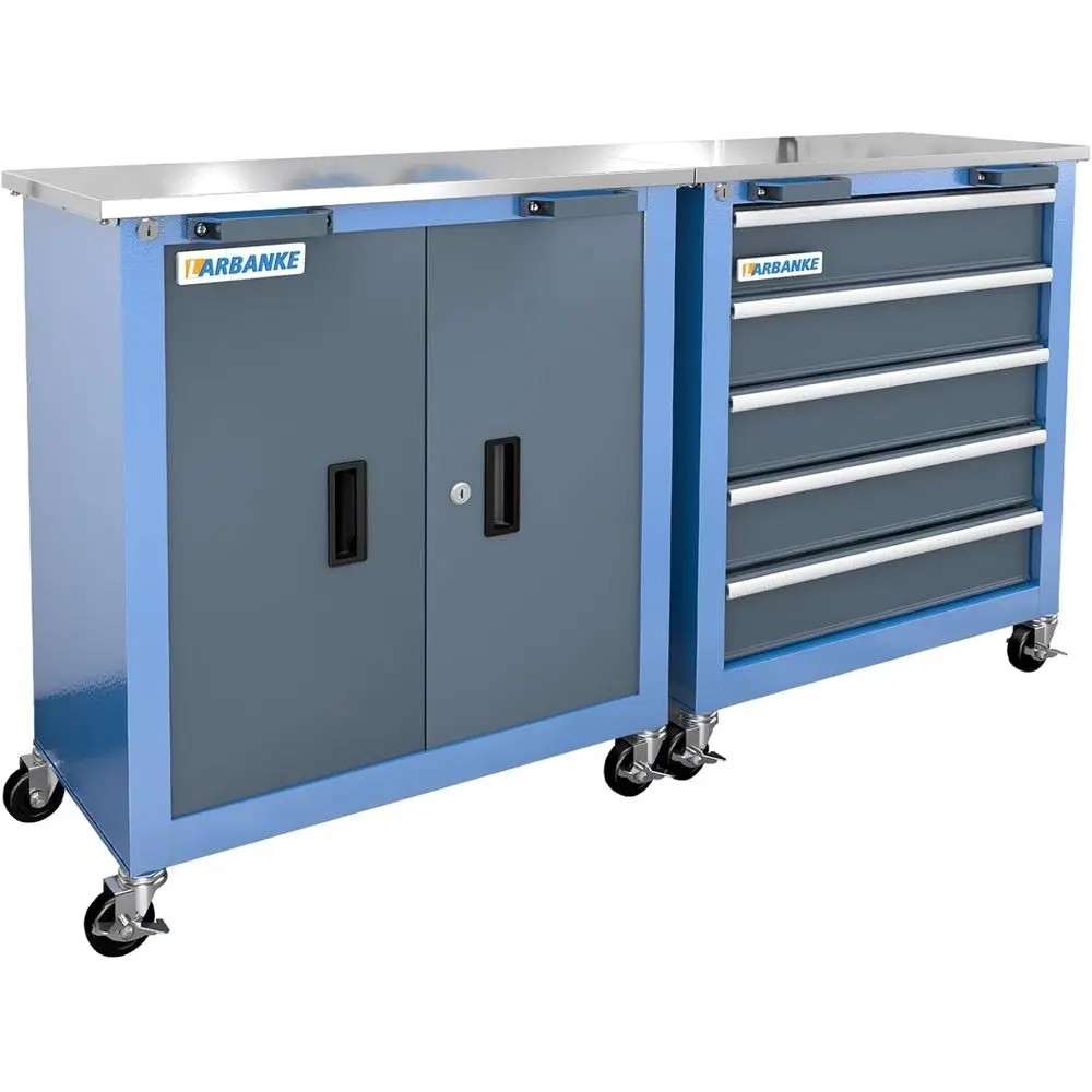 

Secure 5-Drawer 2-Door Rolling Tool Chest with Padded Seat and Stainless Steel Countertop