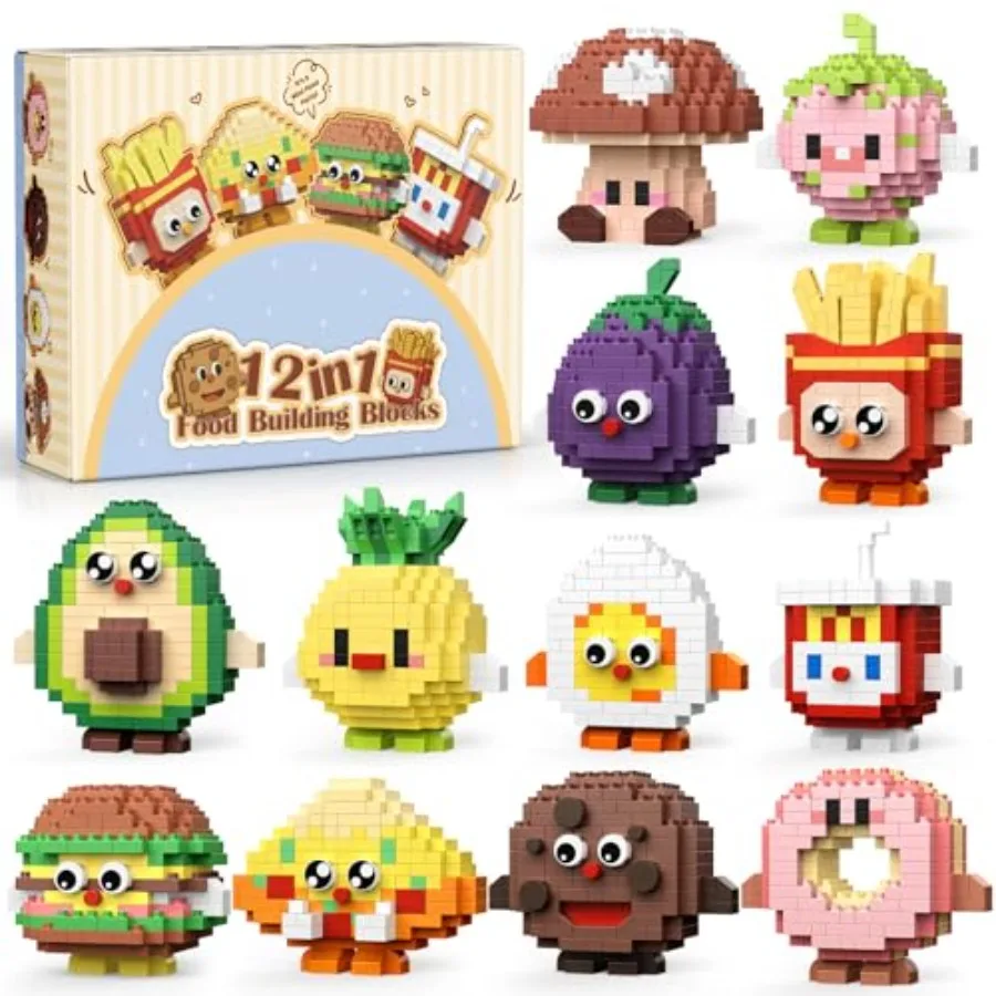 

12 Pack Food Party Favors Building Set, Mini Food Building Blocks Sets, Goodie Bags Stuffers, Blind Box Style Classroom Small P