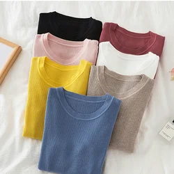 2024 New Autumn Winter Tops O-Neck Pullovers Sweaters shirt long sleeve Korean Slim-fit tight sweater Pink Khaki Blue